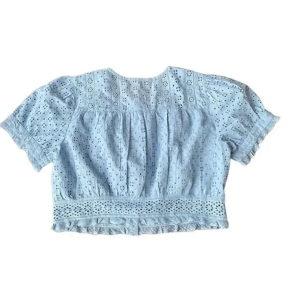 J. Crew Button-front Eyelet Cropped Top Hydrangea Blue Shirt NWT Large - Picture 3 of 4